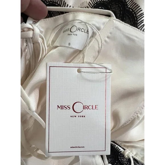 Miss Circle Beige Satin Lace Trim Mini Dress in Beige